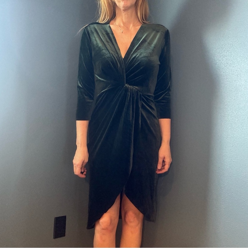 Zara Dark Green Velvet Long Sleeve Wrap Front Dress Size L - Picture 4 of 12